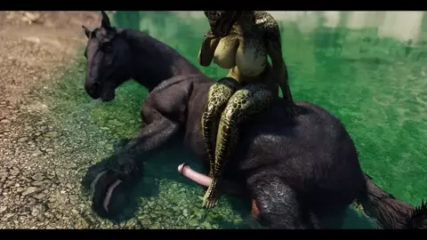 Juicy Argonian maiden washes her horse's huge cock